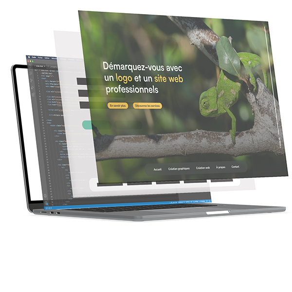 image d'un ordinateur avec les différentes étapes qui compose un site web qui sortent de l'écran